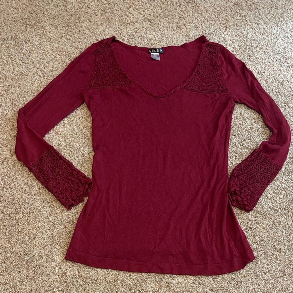 VENUS Burgundy V-Neck Blouse with Crochet Accents